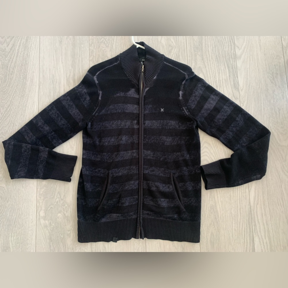 Hurley Jacket Mens Medium Charcoal Gray Black  Collar Knit Sweater Zip Pockets